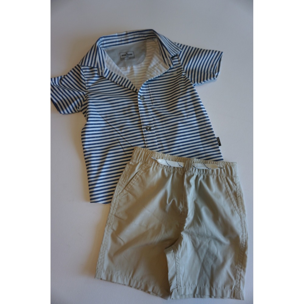 Eddie Bauer Kids 2T Shirt and Shorts Set Blue White Stripe Khaki 2 Piece Outfit